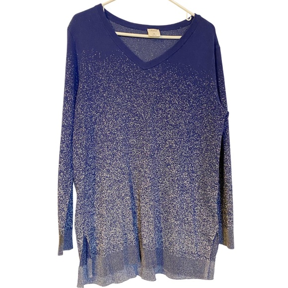 Soma Lurex V-Neck Sweater Tunic Galaxy Blue Silver Sparkles Long Sleeve Medium - Picture 3 of 9